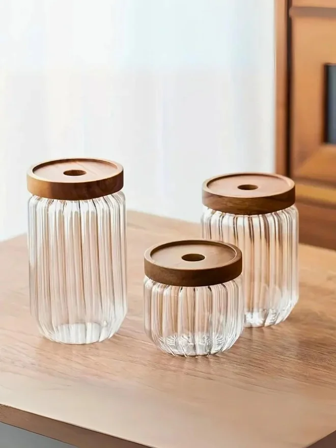 1Chase 1CHASE 3-Piece Borosilicate Glass Food Storage Jar With Acacia Wood Air Tight Lid